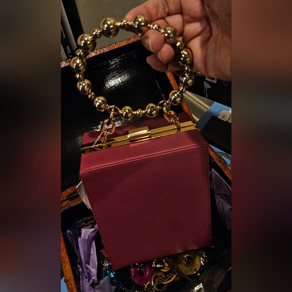 NWT Topshop Burgundy Box Clutch with Gold Bead Top Handle